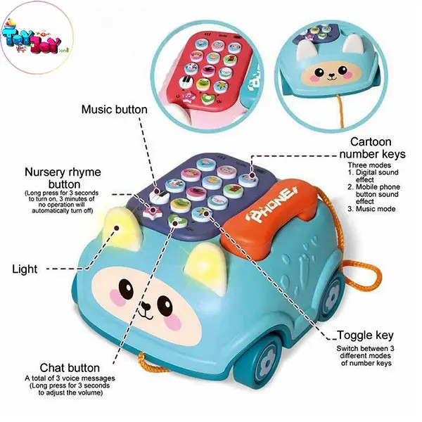 تلفن موزیکال خرگوشی مدل ماشین | آموزش اعداد و صداها با چراغ و موزیک