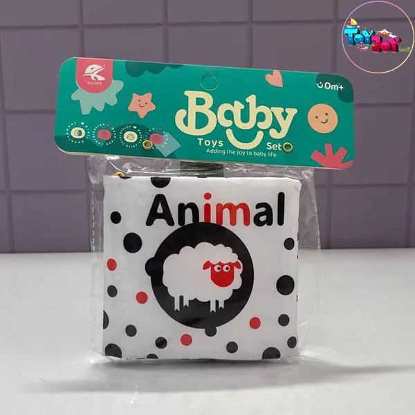 کتاب پارچهای حمام نوزاد سیاه و سفید جغجغهدار | طرح حیوانات (۰ تا ۱ سال)