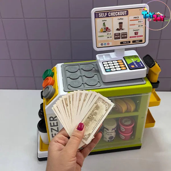 اسباببازی سوپرمارکت موزیکال 46 تکه کودک با صندوق فروشگاهی و اسکنر